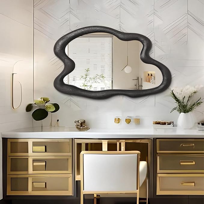 AAZZKANG Irregular Mirror Black Asymmetrical Wall Mounted Mirrors Large Modern Wood Frame Wall Mirror for Bathroom Bedroom Living Room Entryway 24