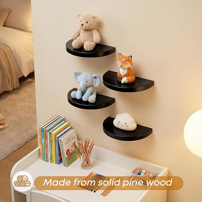 Small Wood Floating Shelves (2-Pack, 6-inch Diameter) - Round Sturdy Invisible Wall Mount Display for Small Plants,Toys,Bathroom,Living Room Storage & Modern Rustic Décor (Black)