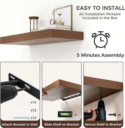 Floating Shelves for Wall, 30" W x 12" D x 2" H, 2 Pack of Long Wall Mounted Engineered Wood Shelves with Invisible Brackets for Living Room, Bedroom, Bathroom, Kitchen Decor, Walnut