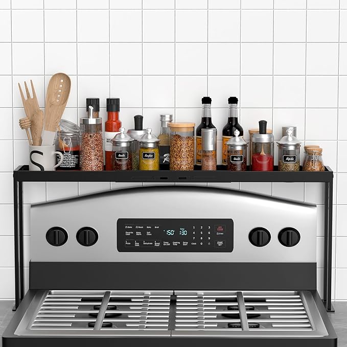Stove Top Shelf, Kitchen Over Shelf for Stove, Stove Spice Rack for Top, Adjustable 27-33inch, Fits Various Stove Lengths, Kitchen Spice Organizer, Condiments and BBQ Sauces, Black