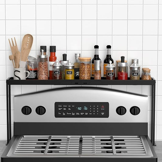 Stove Top Shelf, Kitchen Over Shelf for Stove, Stove Spice Rack for Top, Adjustable 27-33inch, Fits Various Stove Lengths, Kitchen Spice Organizer, Condiments and BBQ Sauces, Black