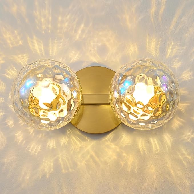 Gold Bathroom Vanity Light Fixtures: Modern Wall Scones With 2 Hammered Stained Glass Shades - Globe Makeup Lighting Fixture over Mirror - Brass Ball Powder Room Vanities Lights for Hallway Bedroom