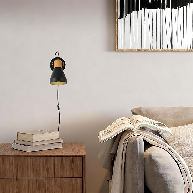 Modern Plug-in Wall Sconces - Adjustable Reading Light with Real Wood Accent, Matte Black Wall Lamp for Bedroom, Living Room, Apartment, Home Office