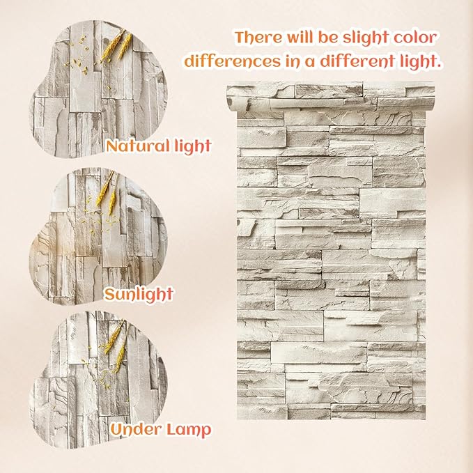 Jeweluck Stone Wallpaper Peel and Stick Brick Wallpaper 17.7”×590.5” Brick Contact Paper Peel and Stick Wall Paper Bathroom Faux Stone Backsplash for Kitchen Removable Decorative for Walls Vinyl