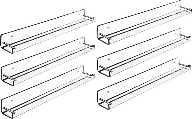 AMT 6 Pack Acrylic Floating Shelves, 15" L x 1.8" W, Clear Bathroom Wall Shelf, Bookshelves, Invisible Display for Office, Bedroom, Small Gap Allows Water to Escape, Free Screws & Drill Bit (Small)