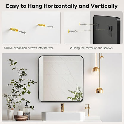 28x28 Inch Black Bathroom Mirror - Metal Framed Square Mirror for Bathroom Over Sink, Matte Wall Mirrors for Restroom, Bedroom, Entryway, High-Definition