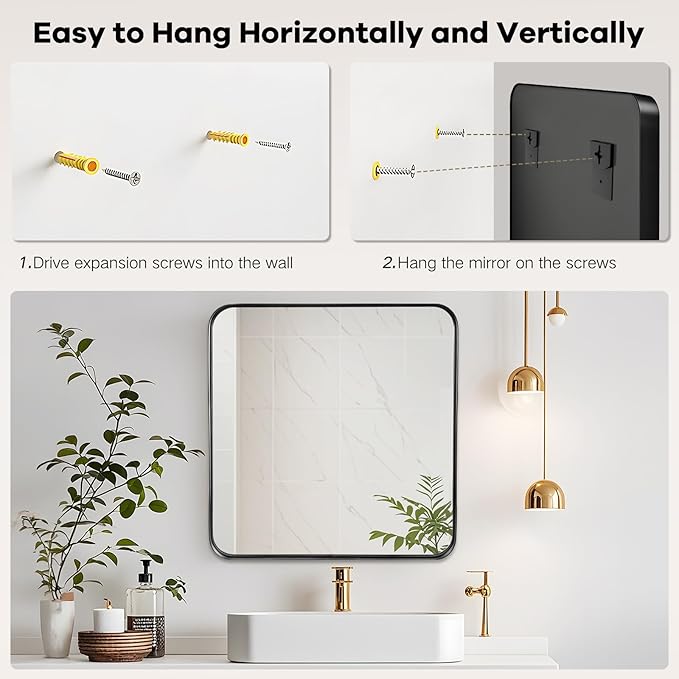 28x28 Inch Black Bathroom Mirror - Metal Framed Square Mirror for Bathroom Over Sink, Matte Wall Mirrors for Restroom, Bedroom, Entryway, High-Definition