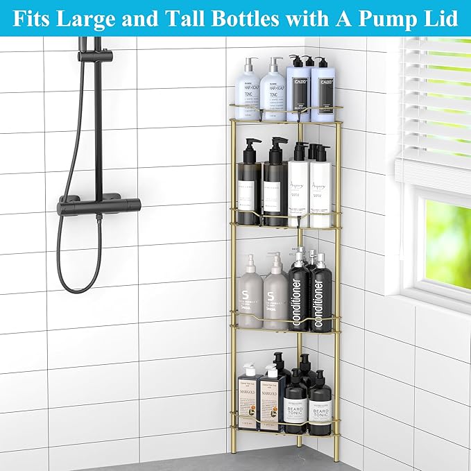4 Tier Floor Standing Corner Shower Caddy Organizer Shelf with Hooks, Bathroom Shelves Stand Rack, Gold