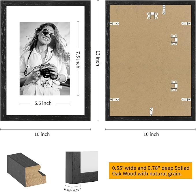 puthiac 9x12 Solid Oak Wood Picture Frame, Fits 6x8 with Mat or 9x12 Without Mat, Wall or Tabletop Display with Stand, Vertical or Horizontal, Plexi Front, 1 Pack, Black