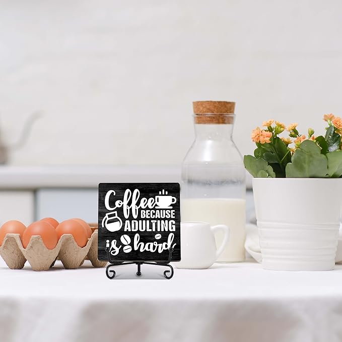 Coffee Bar Decor, Farmhouse Kitchen Table Decor, Coffee Station Accessories, Wooden Decorative Sign with Iron Stand for Table Desk Shelf Display-E16