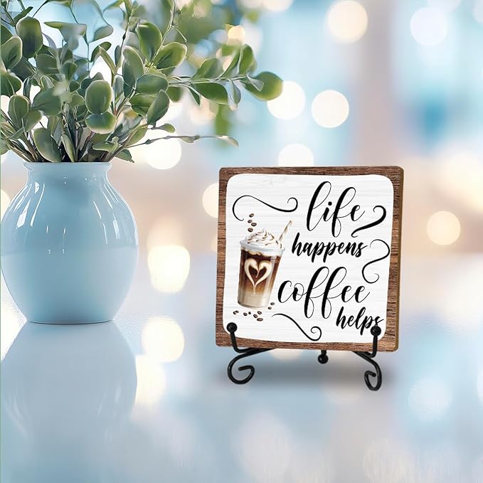 Coffee Lover Gifts for Women Men, Wooden Sign With Stand, Funny Coffee Bar Accessories for Farmhouse Home Kitchen Table, Table Decorations Supplies, Desk Shelf Cubicles for Bar Decoration Plaque Gifts