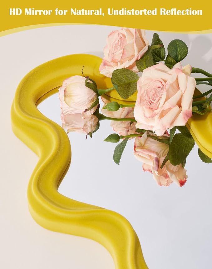 Wavy Wall Mirror Decor for Girly Bedroom Classroom, 16x10 Small Cute Abstract Decorative Mirrors Art Above Dresser Desk Table Decor, Funky Modern Apartment Nursery Room Decoration (Yellow)