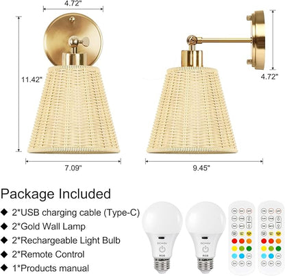 Frideko Swing Arm Rechargeable Battery Operated Wall Sconces Set of Two with Remote, RGB 15 Colors Dimmable Wall Light with Plastic Lampshade, 4 Timer Indoor Boho Wireless Sconce Lighting for Bedroom