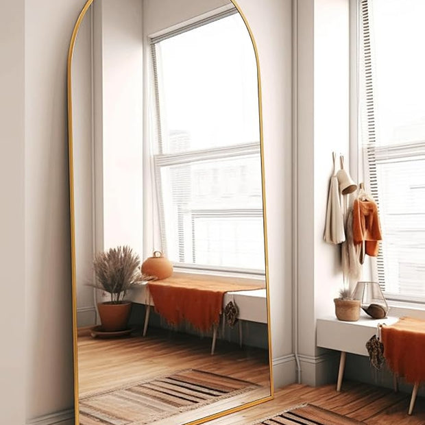 Arched Full Length Mirror, 76"x34" Large Floor Mirror with Stand, Wall-Mounted Gold Body Mirror for Bedroom