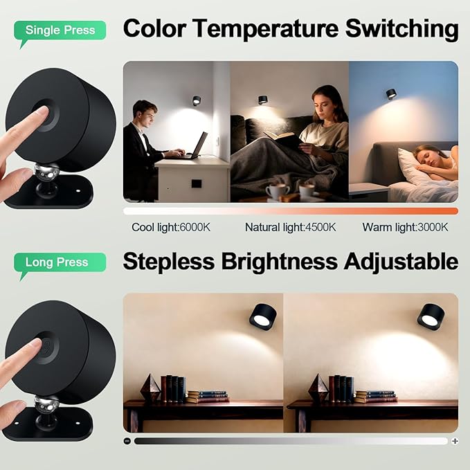 Aomees Wall Lights Battery Operated Wall Sconce, 3 Color Temperatures & 3 Brightness Levels & Remote and Touch 360°Rotation, Mounted Cordless Lamp Magnetic Rechargeable Led Lights for Bedroom 6pcs