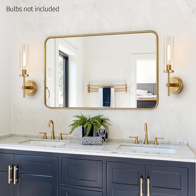 Wall Sconces Set of Two, Brushed Gold Bathroom Sconces with Clear Glass, Hardwired Sconces Wall Decor Set of 2, Modern Wall Light Fixtures for Bathroom Mirror Living Room Bedroom Hallway