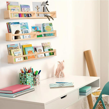Nursry Shelves 32 inches Set of 3,Wood Floating Nursery Book Shelves for Wall,Wall Bookshelves for Kids,Transform Your Nursery into a Safe & Stylish Haven with Natural Wood Floating Shelves.