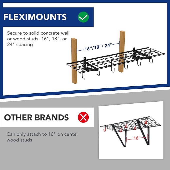 FLEXIMOUNTS Garage Wall Shelving, 1x4 ft, Includes 6 Bike Hooks, Wall Shelf Garage Organization System w/Bike Hangers, Storage Rack, Floating Shelves, 150 lbs Weight Capacity (1 Pack), Classic Series