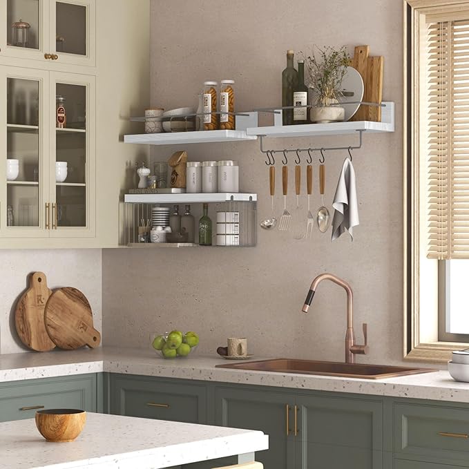 Bathroom Shelves Over Toilet for Wall, Floating Shelves with Storage Basket Paper Holer for Kitchen Living Room, Bedroom & Classroom, Set of 3 (White and Grey)