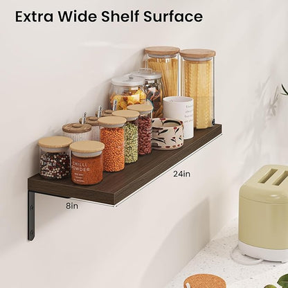 Marsmiles Extra Wide Floating Shelves for Wall, 24x8 Inch Natural Wood Grain Bookshelves, Heavy Duty Mounted Shelving for Bathroom, Kitchen, Living Room, Bedroom,Set of 2，Walnut