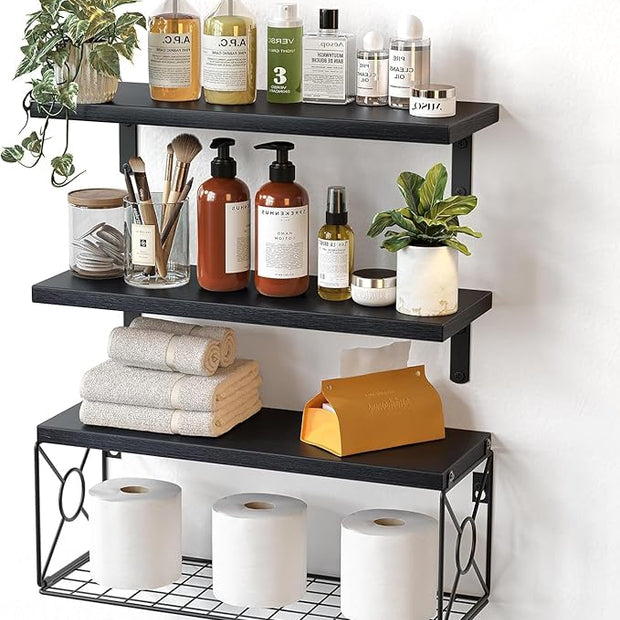Amada Bathroom Shelves Over Toilet with Storage Basket, Floating Wall Shelf for Home Organization & Wall Decor, Bathroom/Kitchen/Living Room Shelves–Black