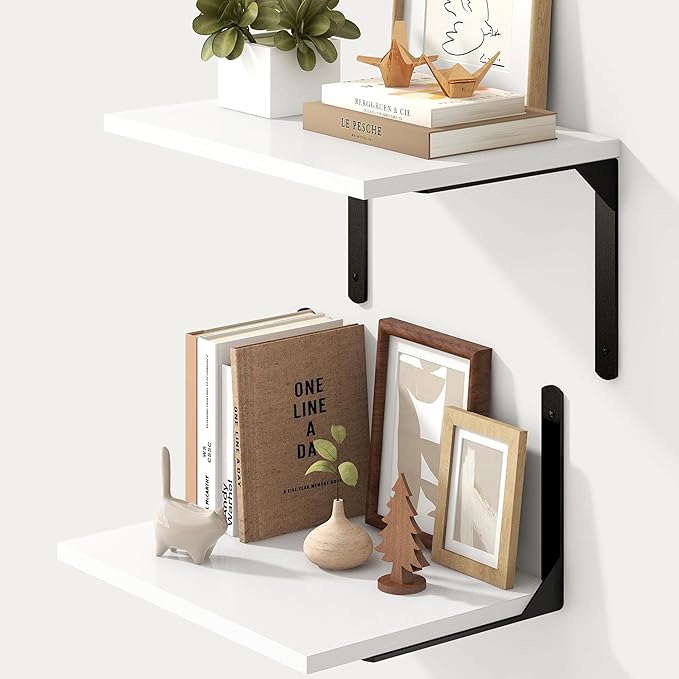 Fun Memories Floating Shelves for Wall, 12 Inch Deep Floating Shelves Set of 2, Wall Mounted Shelf with Metal Brackets, Rustic Wood Wide Shelf for Bathroom, Kitchen and Living Room, White, 16W x 12D