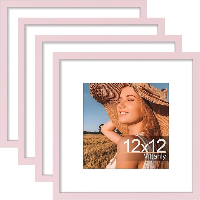Vittanly 12x12 Picture Frames Set of 4, Display Pictures 8x8 with Mat or 12x12 without Mat, Gallery Frame for Wall Display, Engineered Wood with Shatter Resistant Plexiglass, Pale Pink
