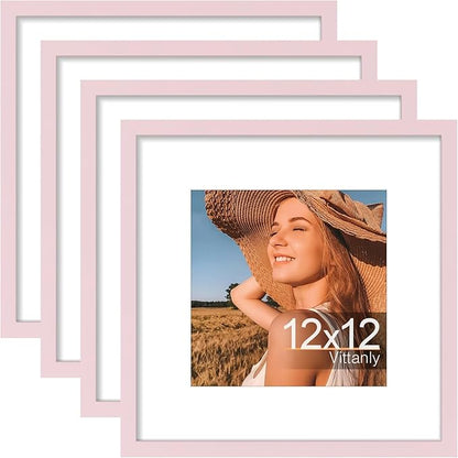 Vittanly 12x12 Picture Frames Set of 4, Display Pictures 8x8 with Mat or 12x12 without Mat, Gallery Frame for Wall Display, Engineered Wood with Shatter Resistant Plexiglass, Pale Pink