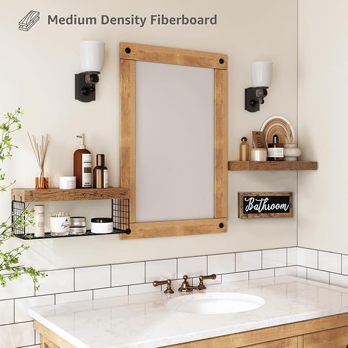 QEEIG ‎Bathroom Shelves Over Toilet - Paper Storage Wall Mounted Farmhouse Decor Decorations Aesthetic Décor Sign Small Floating Shelf 2+1 Set 16 inch, Rustic Brown (020BN)