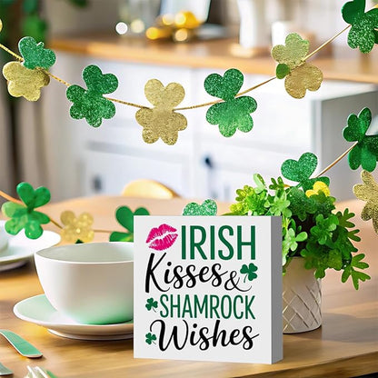 Irish Blessing Kisses Decor St Patricks Day Decorations Rustic Wood Sign Home Tabletop Shelf Desk Decor St Patrick's Day Decorations 5 X 5 Inches