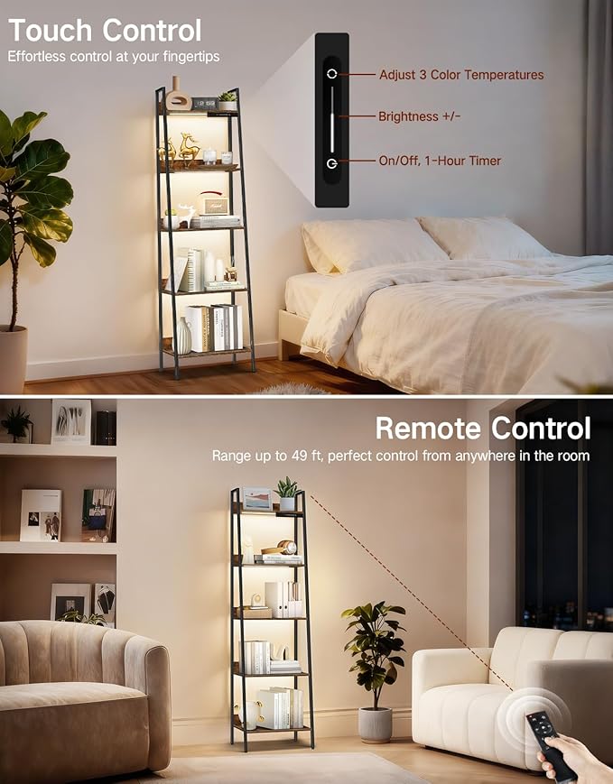5-Tier Small Ladder Shelf with LED Lights, Touch & Remote Control, 3 Color Temperatures, Dimmable Tall Corner Standing Bookcase, Metal Wood Display Shelf for Living Room, Bedroom