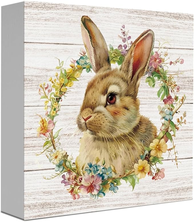 Funny Easter Sign Easter Bunny Decor Decorations Bunny Spring Flower Sign Decor Table Decorations Indoor for Home Office Desk Table Shelf Tiered Tray 5 X 5 Inch