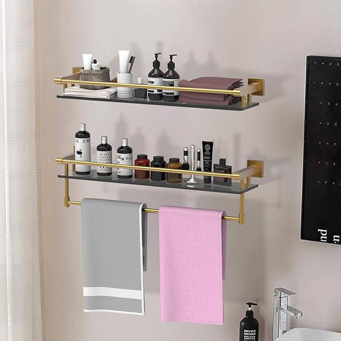 Glass Shelf for Bathroom 24 inch Rectangular Stainless Steel Wall Sheves Tempered Glass Modern Stainless Steel Wall Mount Accessories Organizers Storage (Brushed Gold)