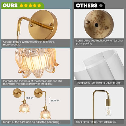 Vintage Battery Operated Wall Sconce Set of 2, Amber Glass Lampshade Wireless Rechargeable Battery Powered Wall Light, RGB Wall Sconce Fixtures for Bedroom, Living Room