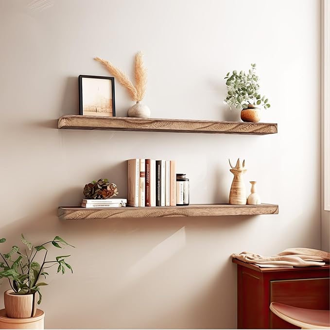 Floating Shelves 24 Inches Long, Set of 2 Solid Rustic Wood Wall Mounted Shelves, Wall Picture Ledge Shelf with Invisible Metal Brackets for Living Room, Bedroom, Bathroom, Carbonized Black