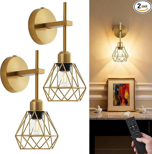 Gold Hollow Wireless Battery Operated Wall Sconces Set of 2, 8000mAh Rechargeable Dimmable Wall Light with Remote, Cordless Battery Powered Lamp Decor Fixture for Bedroom Living Room Hallway