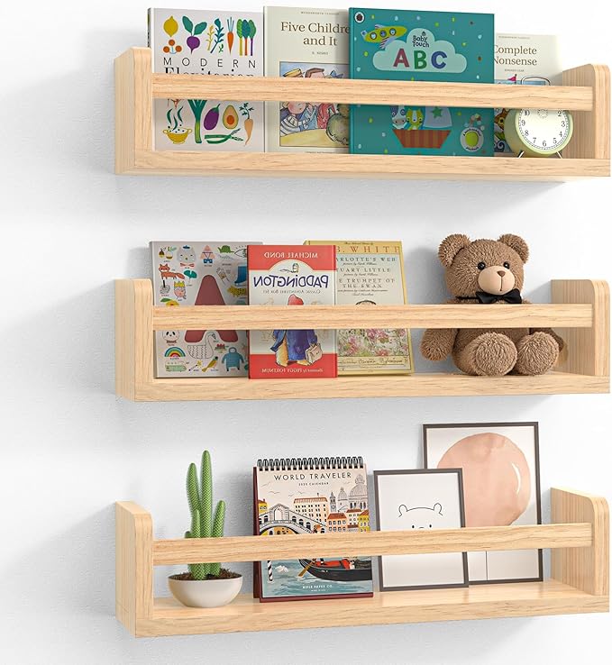 Floating Wall Nursery Book Shelves for Bedrooms Kids 16.5 Inch Natural Color Wooden Baby Book Shelf for Kids Rooms Set of 3 Nursery Shelves for Wall Mounted Toddler Bookshelf
