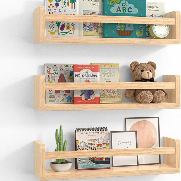Floating Wall Nursery Book Shelves for Bedrooms Kids 16.5 Inch Natural Color Wooden Baby Book Shelf for Kids Rooms Set of 3 Nursery Shelves for Wall Mounted Toddler Bookshelf