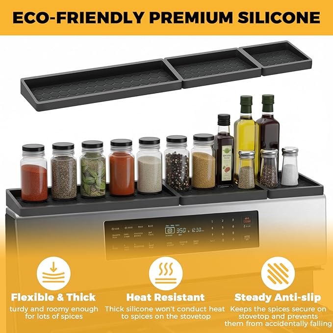 BFONS 30 Inch Silicone Magnetic Stove Top Shelf, Kitchen Shelf Over Stove Spice Rack Apartment Must Haves Kitchen Gadgets for Above Stovetop Seasoning Organization and Storage Thickened 3parts- Black
