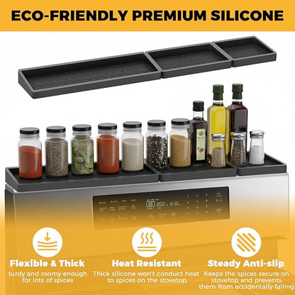 BFONS 30 Inch Silicone Magnetic Stove Top Shelf, Kitchen Shelf Over Stove Spice Rack Apartment Must Haves Kitchen Gadgets for Above Stovetop Seasoning Organization and Storage Thickened 3parts- Black