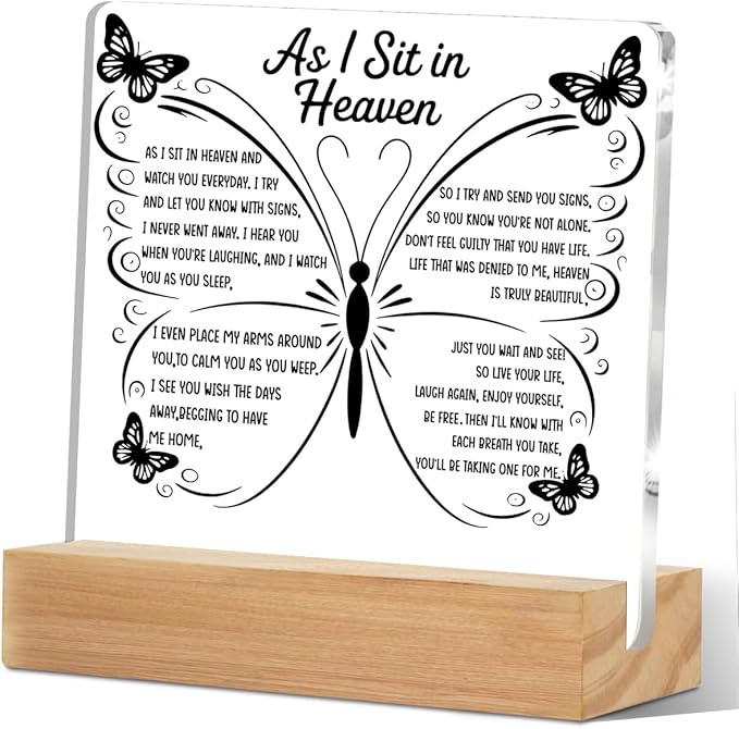 As I Sit In Heaven Acrylic Sign, Sympathy Memorial Grief Condolences Gifts for Women Friends Classmates Family Coworkers, Bereavement Gift Ideas,Sympathy Gifts for Loss of Loved One Desk Home Office
