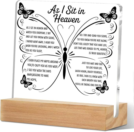 As I Sit In Heaven Acrylic Sign, Sympathy Memorial Grief Condolences Gifts for Women Friends Classmates Family Coworkers, Bereavement Gift Ideas,Sympathy Gifts for Loss of Loved One Desk Home Office