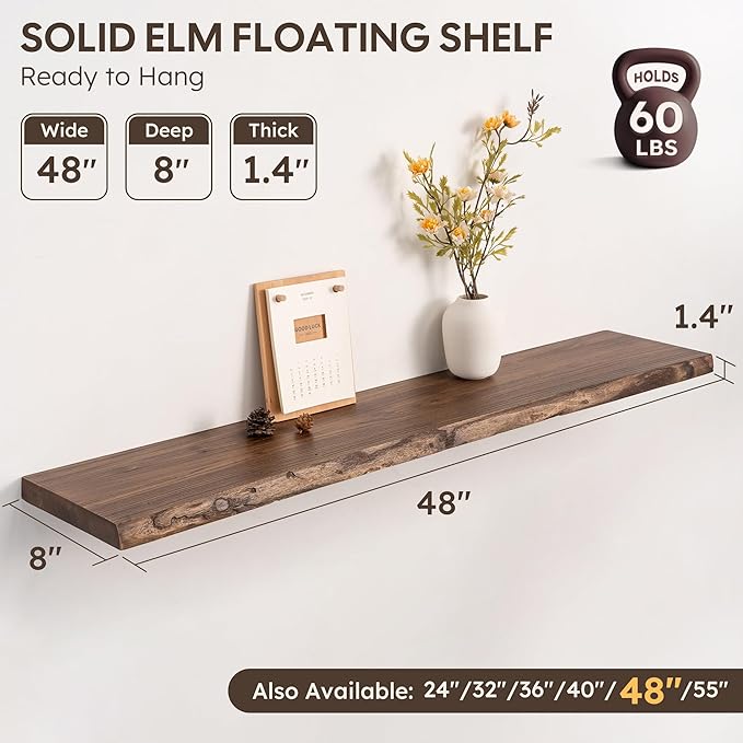 Live Edge Floating Shelf, 48 Inch Solid Elm Wood - Vintage Rustic Wood Wall Shelf with Invisible Brackets for Living Room, Kitchen, Bathroom