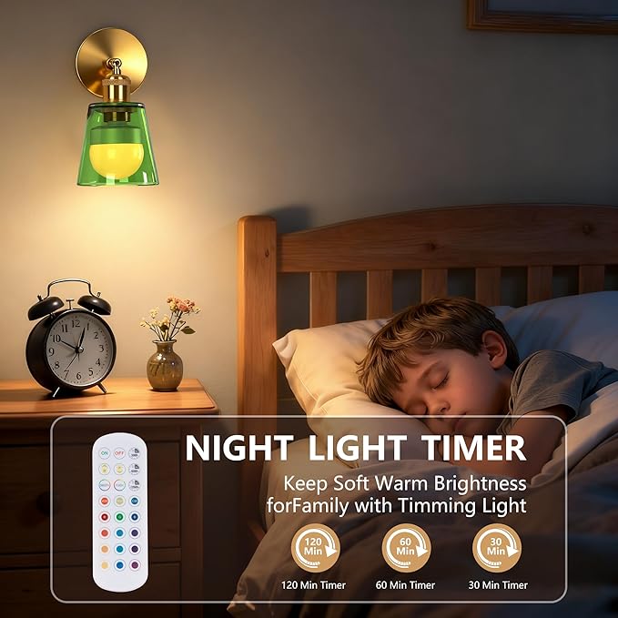 Vintage Battery Operated Wall Sconce with Green Minimalist Glass Lampshade Rechargeable Battery Powered Wall Light with Remote Control for Bedside Bedroom Bathroom, Set of 2