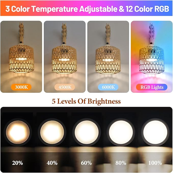 Battery Operated Wall Sconce Set of Two, Rattan Wall Sconces with Remote RGB 15 Colors Dimmable, Farmhouse Boho Wall Lights for Bedroom Living Room Entryway