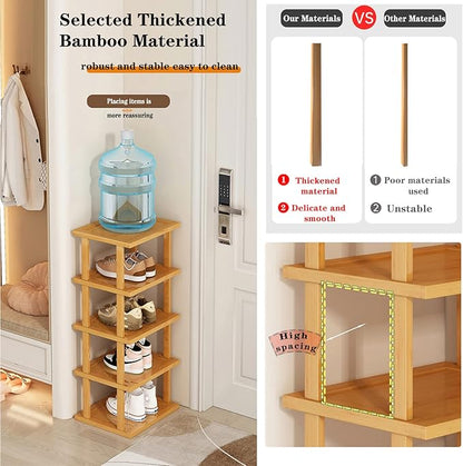 SAN HE Bamboo Shoe Rack 3Tier- Vertical Shoe Rack for Small Spaces, Tall Narrow Shoe Rack Organizer for Closet Entryway Corner Garage and Bedroom,Skinny Shoe Shelf with Free Stackable DIY