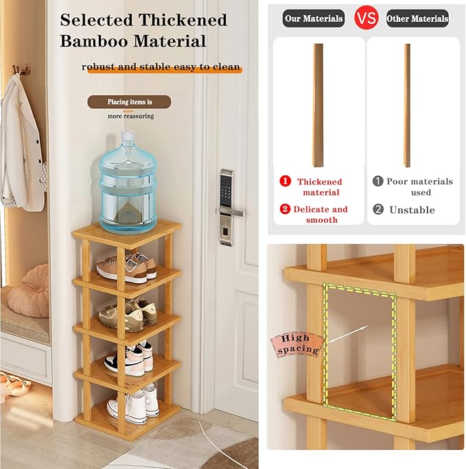 Bamboo Shoe Rack 5Tier- Vertical Shoe Rack for Small Spaces, Tall Narrow Shoe Rack Organizer for Closet Entryway Corner Garage and Bedroom,Skinny Shoe Shelf with Free Stackable DIY