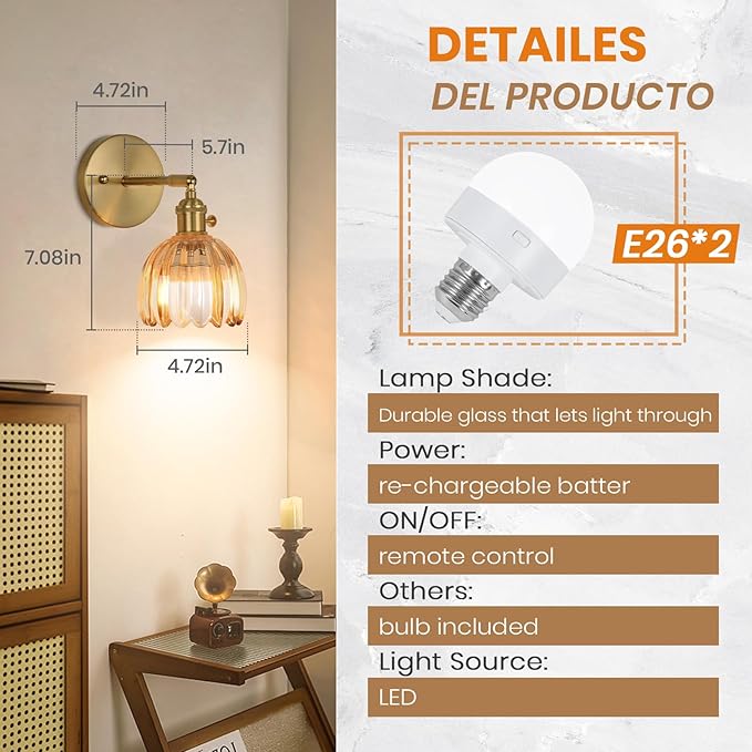 Vintage Wall Sconce Set of Two, Battery Operated Wall Sconce with Amber Tulip Glass Lampshade Rechargeable Wall Light with Remote Control for Bedroom,Living Room, Hallway, Aisle