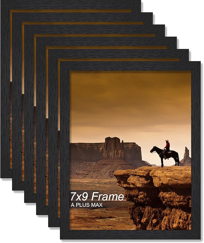 A PLUS MAX 7x9 Picture Frame Set of 6, Black Engineered Wood Frame for 7 x 9 Inch Picture Poster Photo, Light Weight 7 by 9 Frame with Wood-grain for Wall - 6 Pack/Black/7