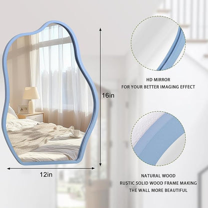 Blue Irregular Wooden Framed Wall Mirror Modern Asymmetrical Unique Hanging Mirror Artistic Unique Cloud Shape Wall Mirror Decor Bathroom Vanity Bedroom Living Room Entryway Hallway Small